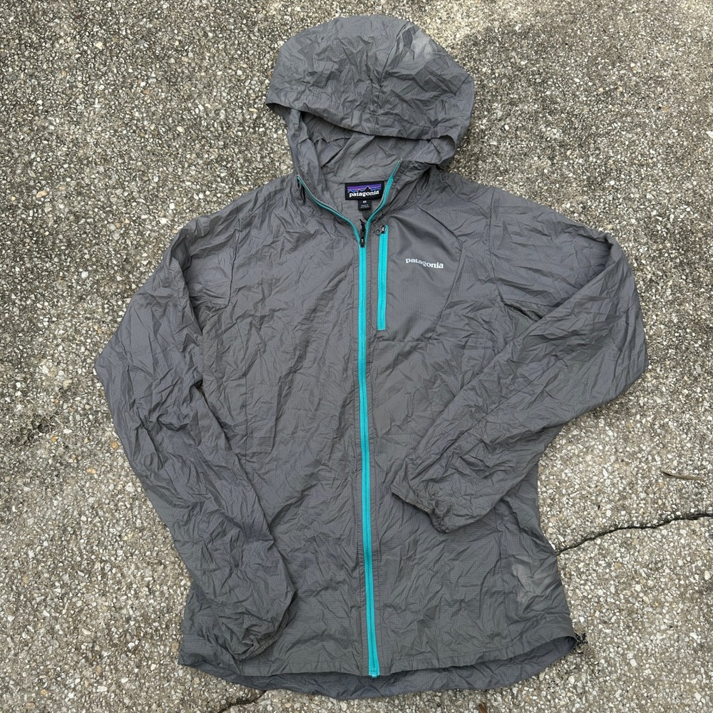 Patagonia Houdini Gray Teal Ripstop Packable Hooded Windbreaker Jacket Womens XS